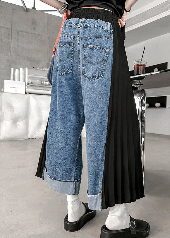 Modern Blue Wrinkled Elastic Waist Patchwork Denim Crop Pants Fall Ada Fashion