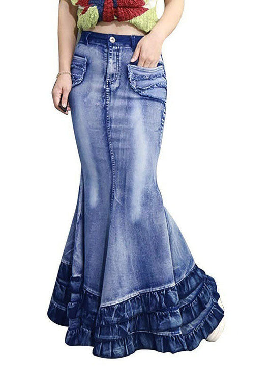 Modern Blue Wrinkled Pockets Patchwork Denim Skirt Summer LY3939 - fabuloryshop