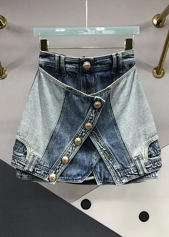 Modern Blue Zip Up Pockets Patchwork Denim Skirts Summer Ada Fashion