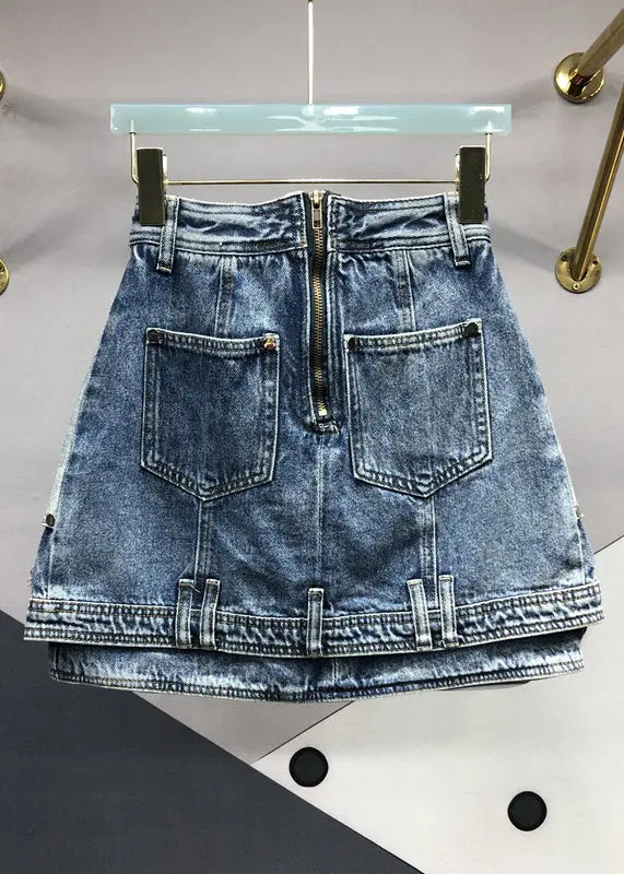 Modern Blue Zip Up Pockets Patchwork Denim Skirts Summer Ada Fashion