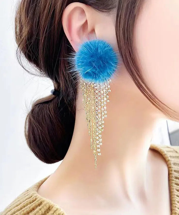 Modern Blue Zircon Tassel Mink Hair Tassel Drop Earrings Ada Fashion