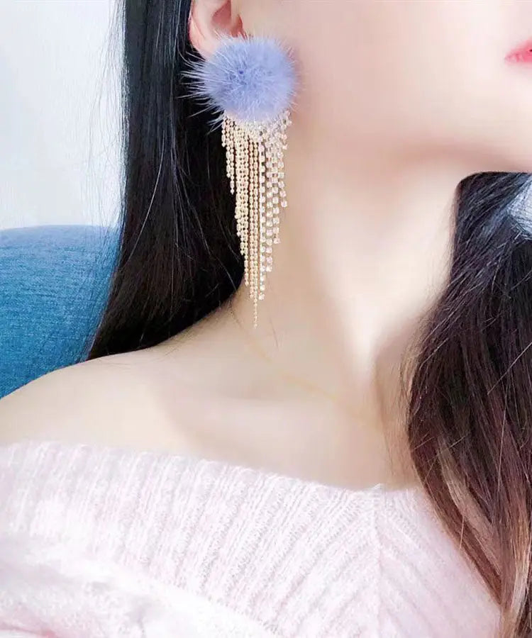 Modern Blue Zircon Tassel Mink Hair Tassel Drop Earrings Ada Fashion