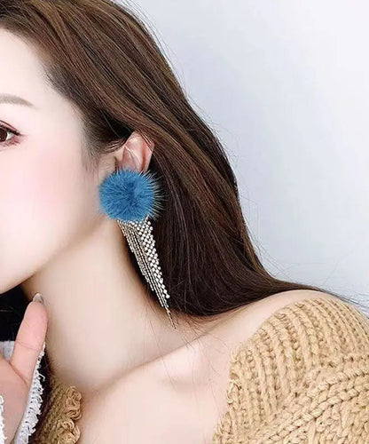 Modern Blue Zircon Tassel Mink Hair Tassel Drop Earrings Ada Fashion