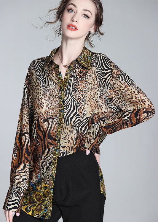 Modern Brown Peter Pan Collar Leopard Print Silk Top Spring LY1058 - fabuloryshop