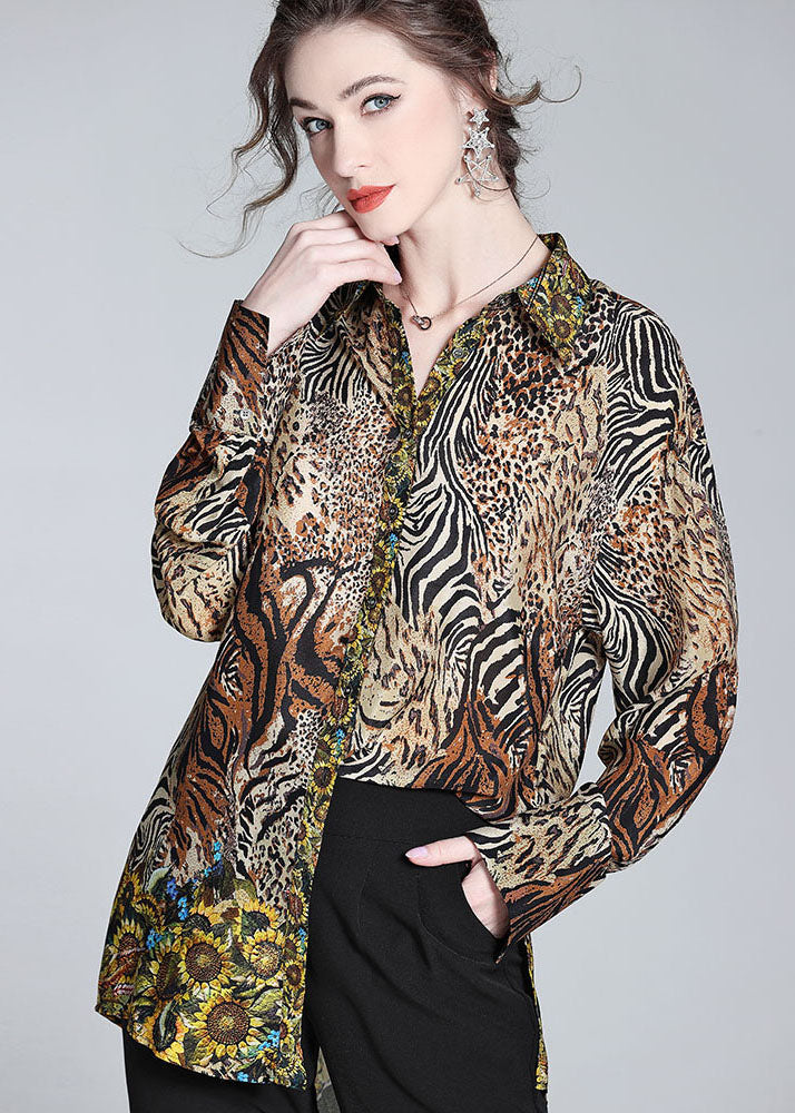 Modern Brown Peter Pan Collar Leopard Print Silk Top Spring LY1058 - fabuloryshop