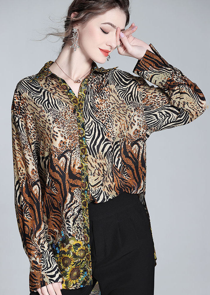 Modern Brown Peter Pan Collar Leopard Print Silk Top Spring LY1058 - fabuloryshop