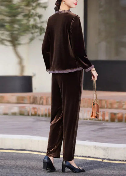 Modern Brown Ruffled Patchwork Silk Velour Shirts And Pants Two Piece Set Ada Fashion