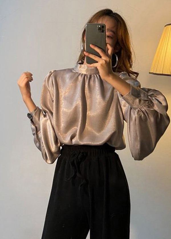 Modern Brown Stand Collar Draping Silk Shirts Lantern  Sleeve LY2620 - fabuloryshop