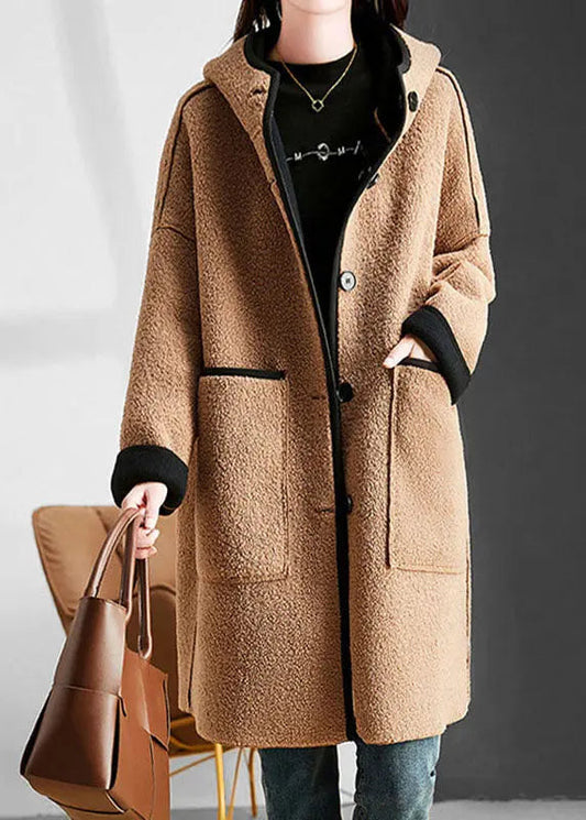 Modern Camel Patchwork Button Hoodie Faux Fur Coat Long Sleeve Ada Fashion