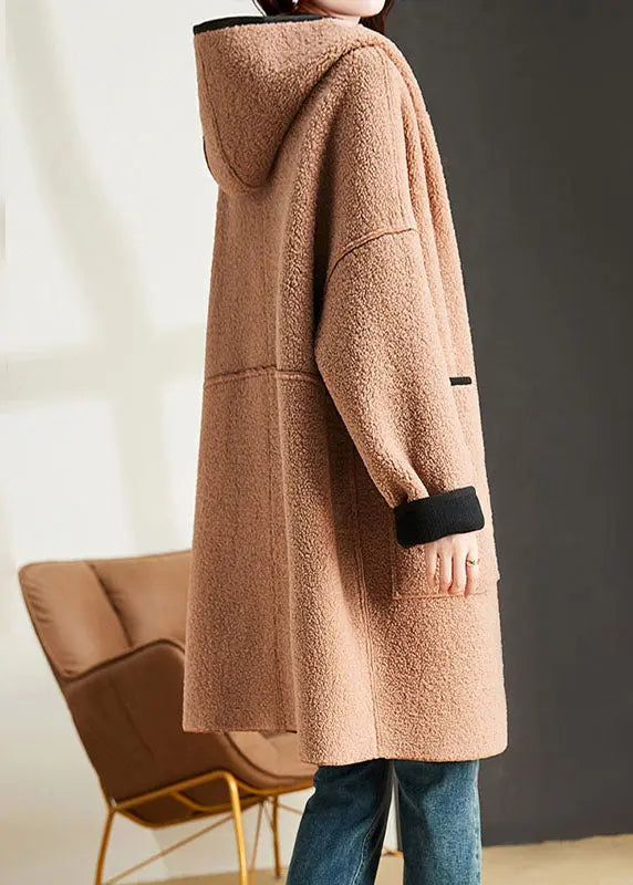 Modern Camel Patchwork Button Hoodie Faux Fur Coat Long Sleeve Ada Fashion