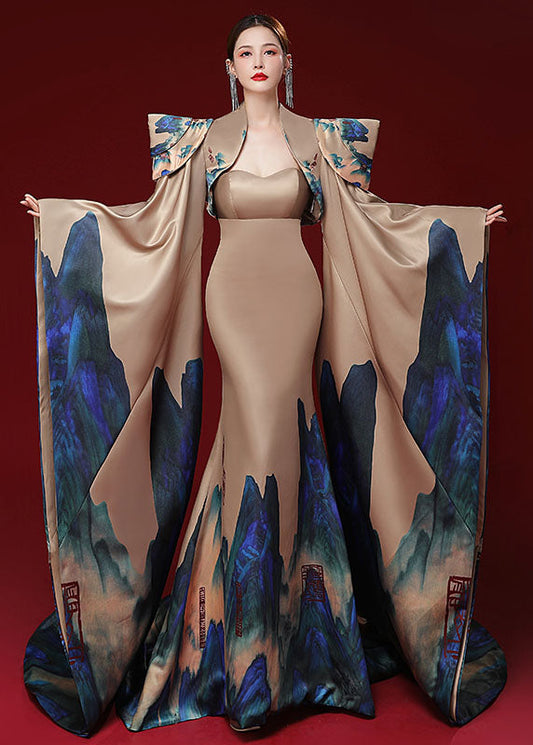 Modern Champagne Patchwork Silk Mantle And Bustier Fishtail Dress Two Pieces Set Long Sleeve Ada Fashion