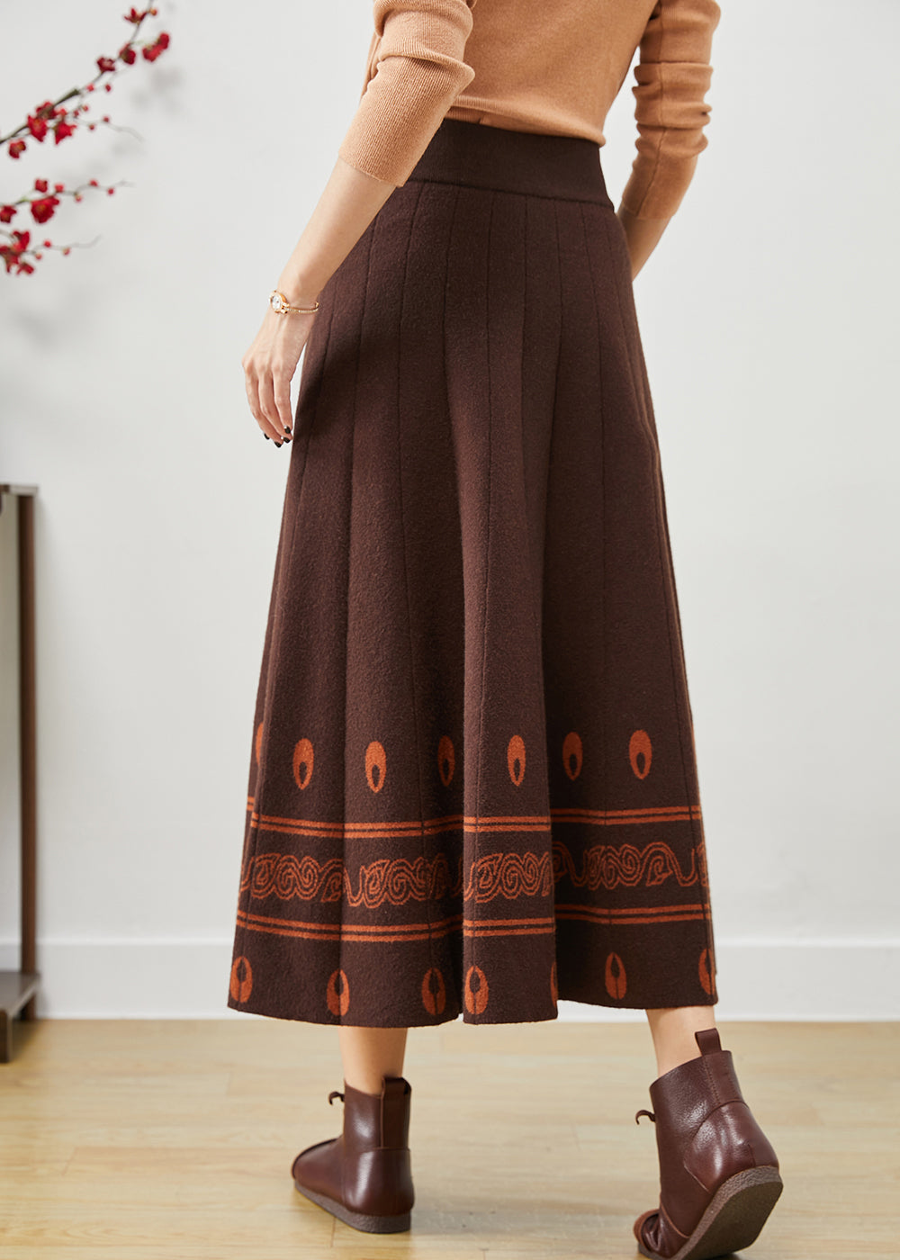 Modern Chocolate Exra Large Hem Print Wool Skirts Fall Ada Fashion