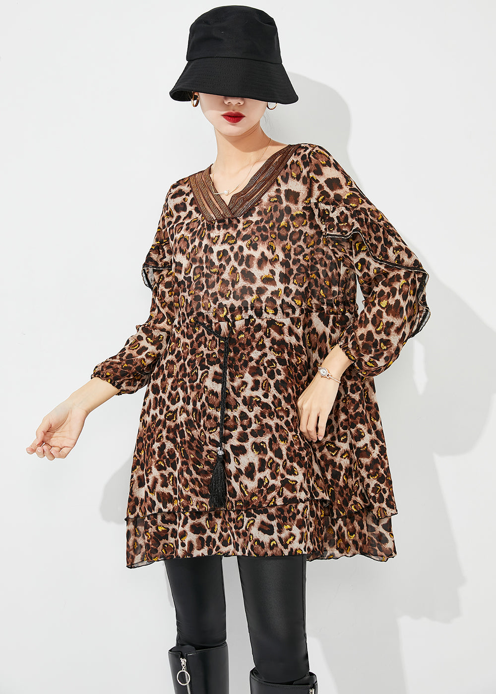Modern Cinched Leopard Print Chiffon Mini Dresses Spring LY0814