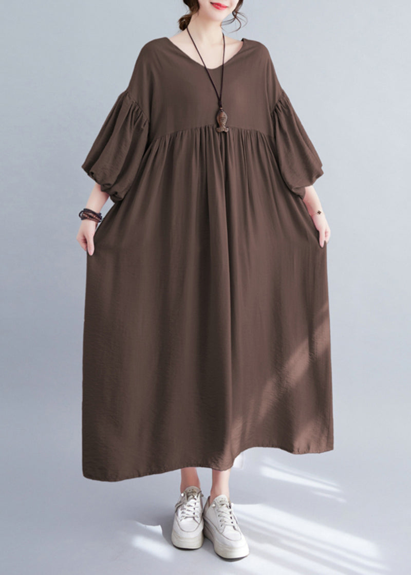 Modern Coffee Oversized Exra Large Hem Cotton Pleated Dresses Lantern Sleeve LY5355 - fabuloryshop