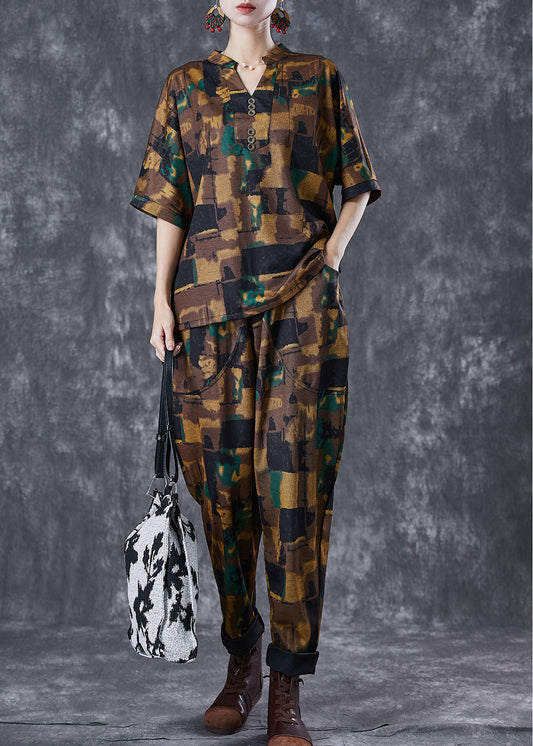 Modern Coffee V Neck Print Button Cotton 2 Piece Outfit Summer LY6754 - fabuloryshop