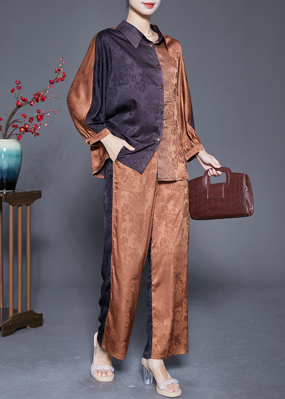 Modern Colorblock Oversized Patchwork Jacquard Silk Two Pieces Set Spring LY5414 - fabuloryshop