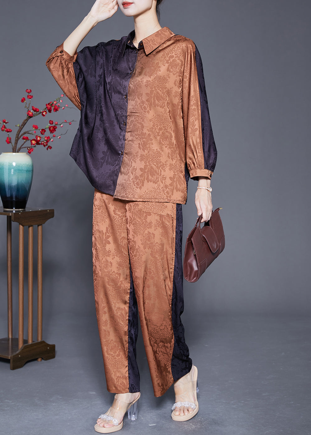 Modern Colorblock Oversized Patchwork Jacquard Silk Two Pieces Set Spring LY5414 - fabuloryshop