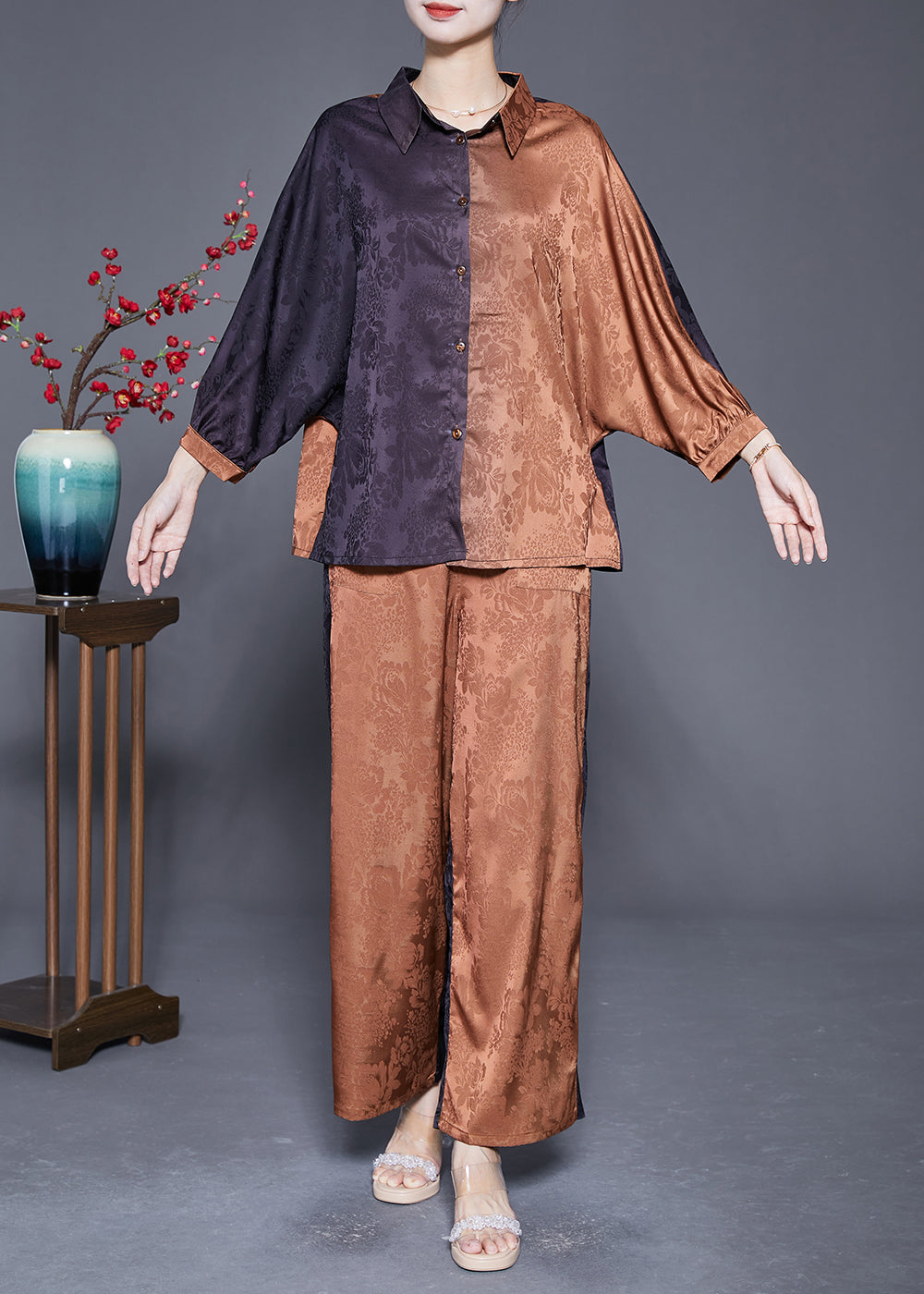 Modern Colorblock Oversized Patchwork Jacquard Silk Two Pieces Set Spring LY5414 - fabuloryshop