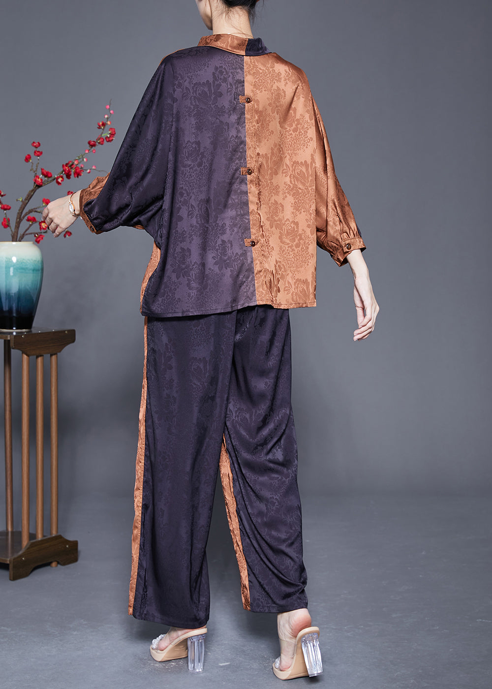 Modern Colorblock Oversized Patchwork Jacquard Silk Two Pieces Set Spring LY5414 - fabuloryshop