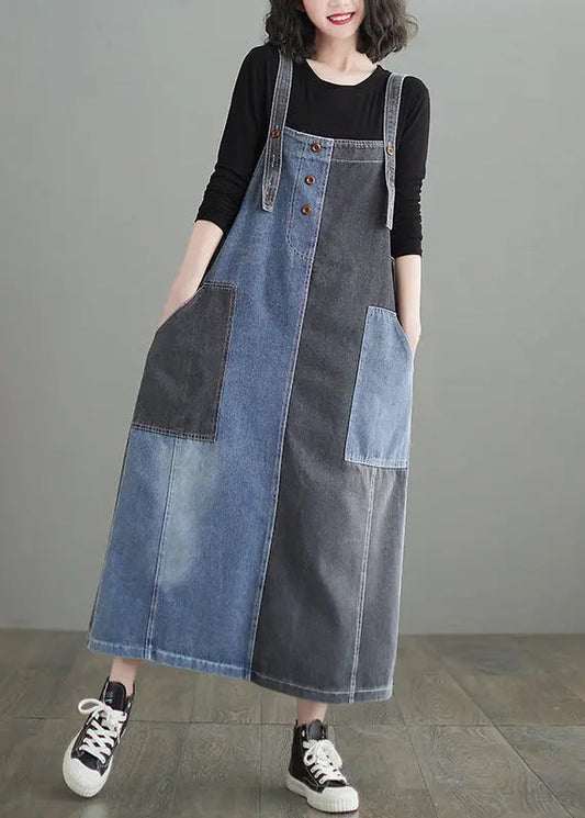 Modern Colorblock Oversized Patchwork Pockets Denim Strap Dress Summer Ada Fashion
