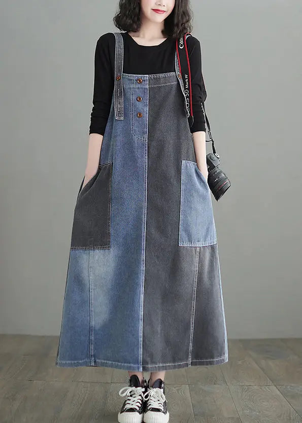 Modern Colorblock Oversized Patchwork Pockets Denim Strap Dress Summer Ada Fashion