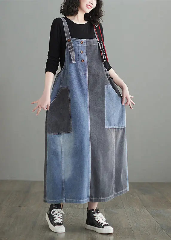 Modern Colorblock Oversized Patchwork Pockets Denim Strap Dress Summer Ada Fashion