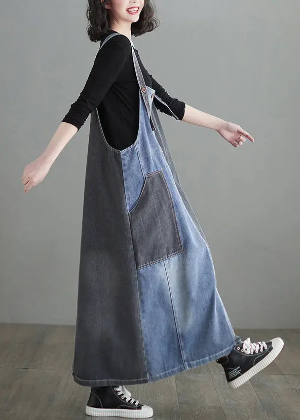 Modern Colorblock Oversized Patchwork Pockets Denim Strap Dress Summer Ada Fashion