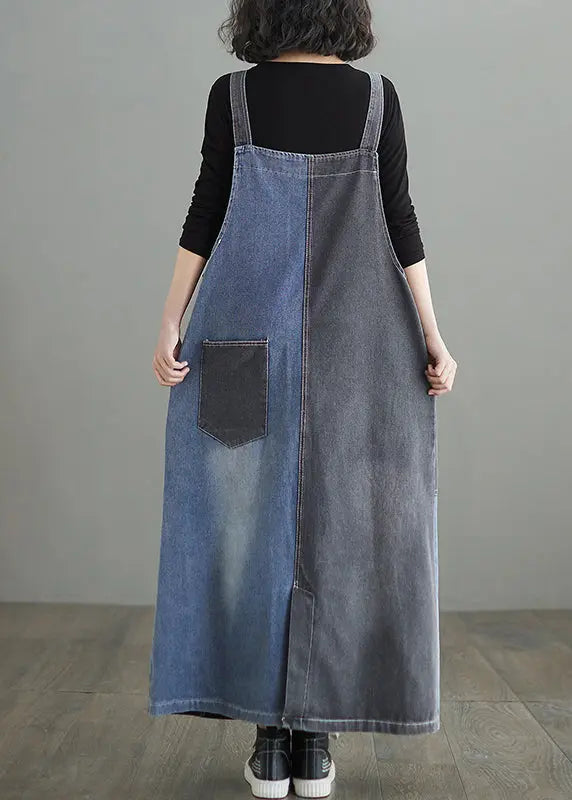 Modern Colorblock Oversized Patchwork Pockets Denim Strap Dress Summer Ada Fashion