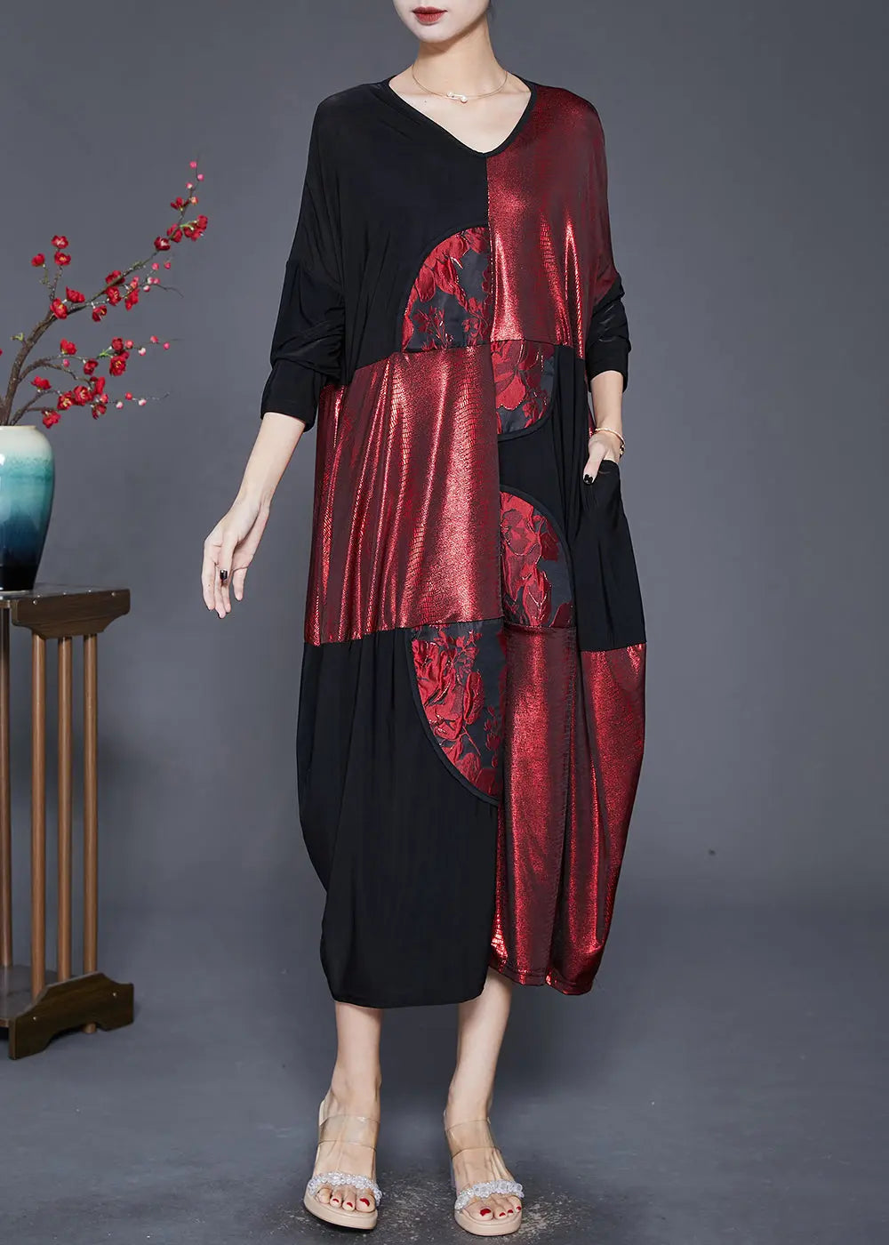 Modern Colorblock Oversized Patchwork Silk Vacation Dresses Fall Ada Fashion