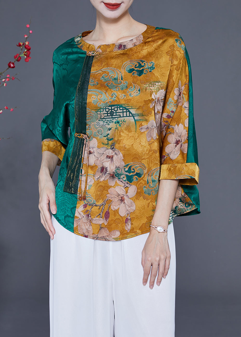 Modern Colorblock Oversized Patchwork Tassel Silk Tops Half Sleeve LY2363 - fabuloryshop