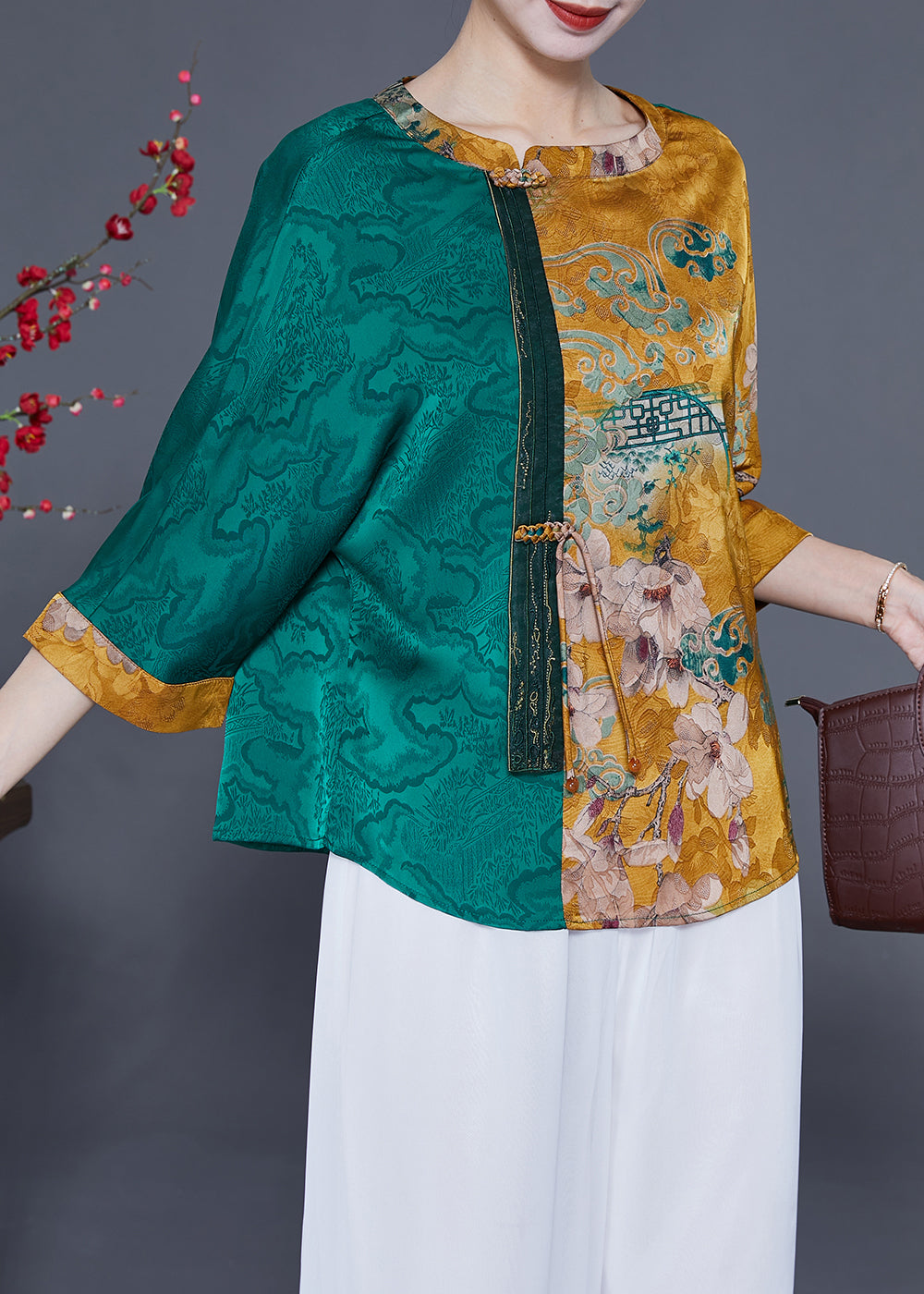 Modern Colorblock Oversized Patchwork Tassel Silk Tops Half Sleeve LY2363 - fabuloryshop