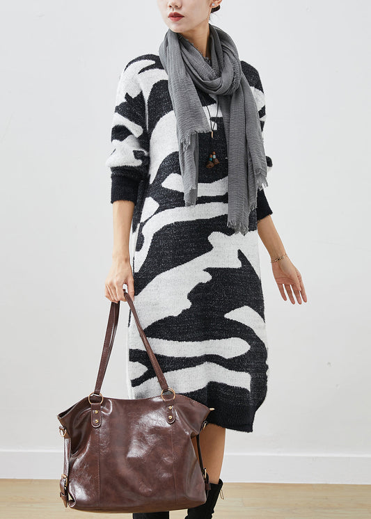 Modern Colorblock Oversized Print Knitted Dress Winter Ada Fashion