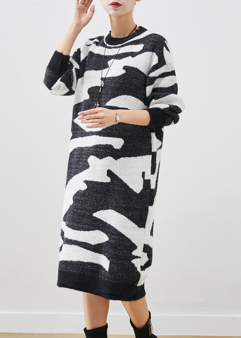 Modern Colorblock Oversized Print Knitted Dress Winter Ada Fashion