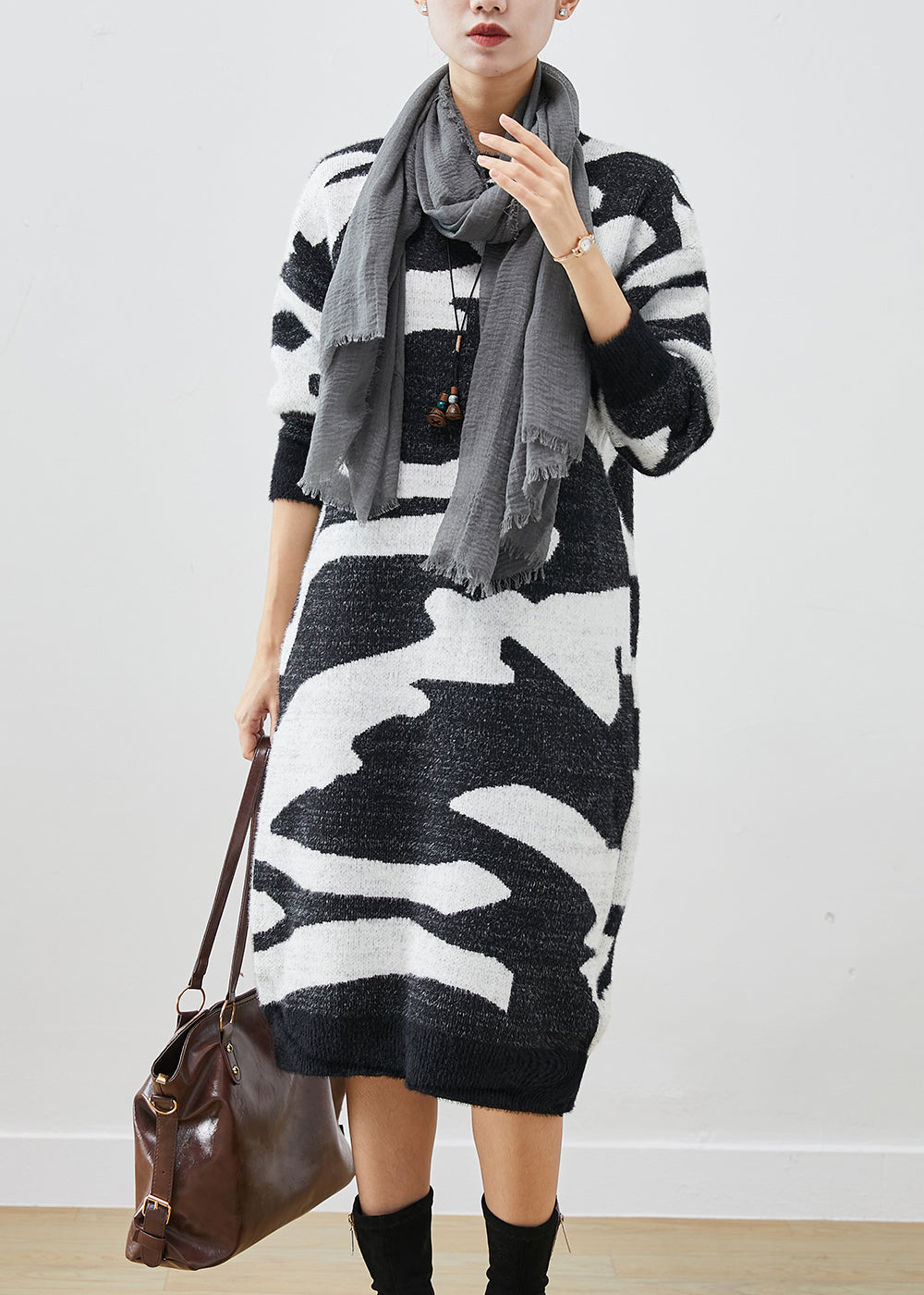 Modern Colorblock Oversized Print Knitted Dress Winter Ada Fashion