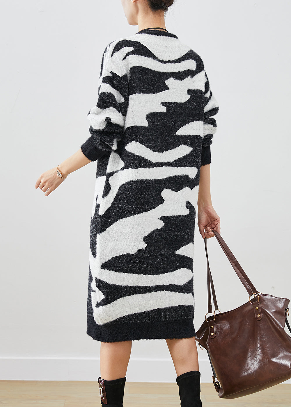 Modern Colorblock Oversized Print Knitted Dress Winter Ada Fashion
