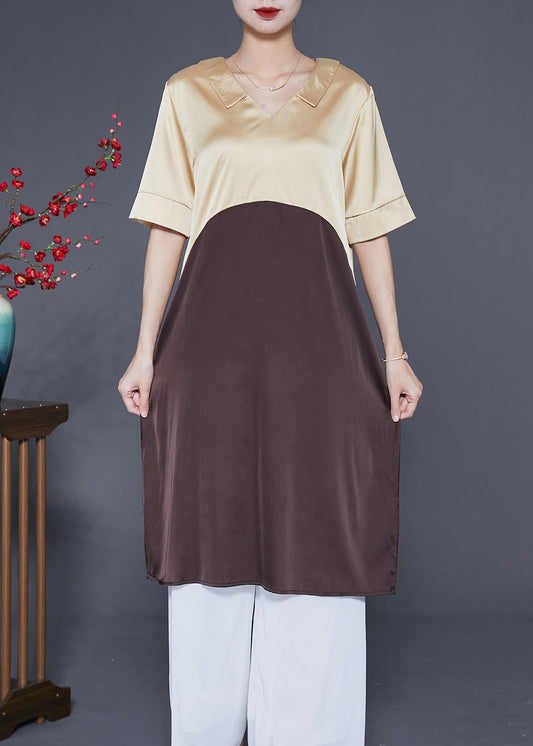 Modern Colorblock V Neck Patchwork Silk Dress Summer LY2875 - fabuloryshop
