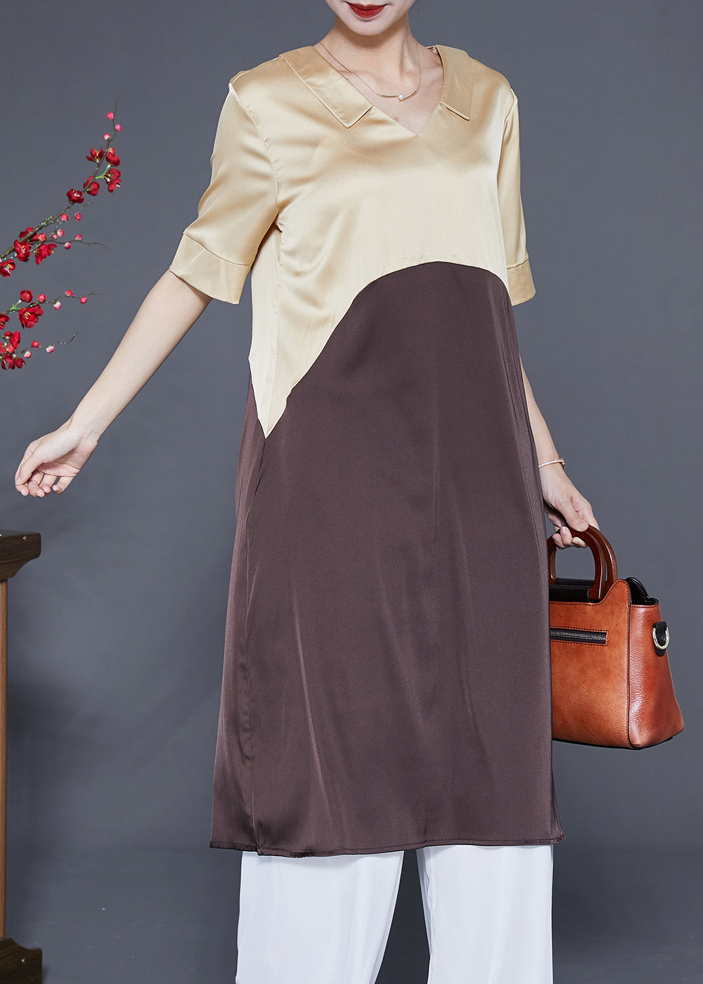 Modern Colorblock V Neck Patchwork Silk Dress Summer LY2875 - fabuloryshop
