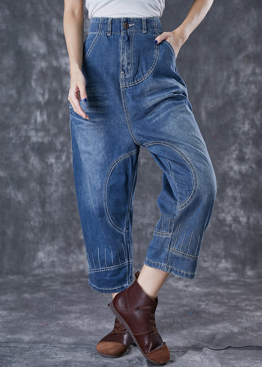 Modern Denim Blue Elastic Waist Pockets Cotton Harem Pants Fall Ada Fashion