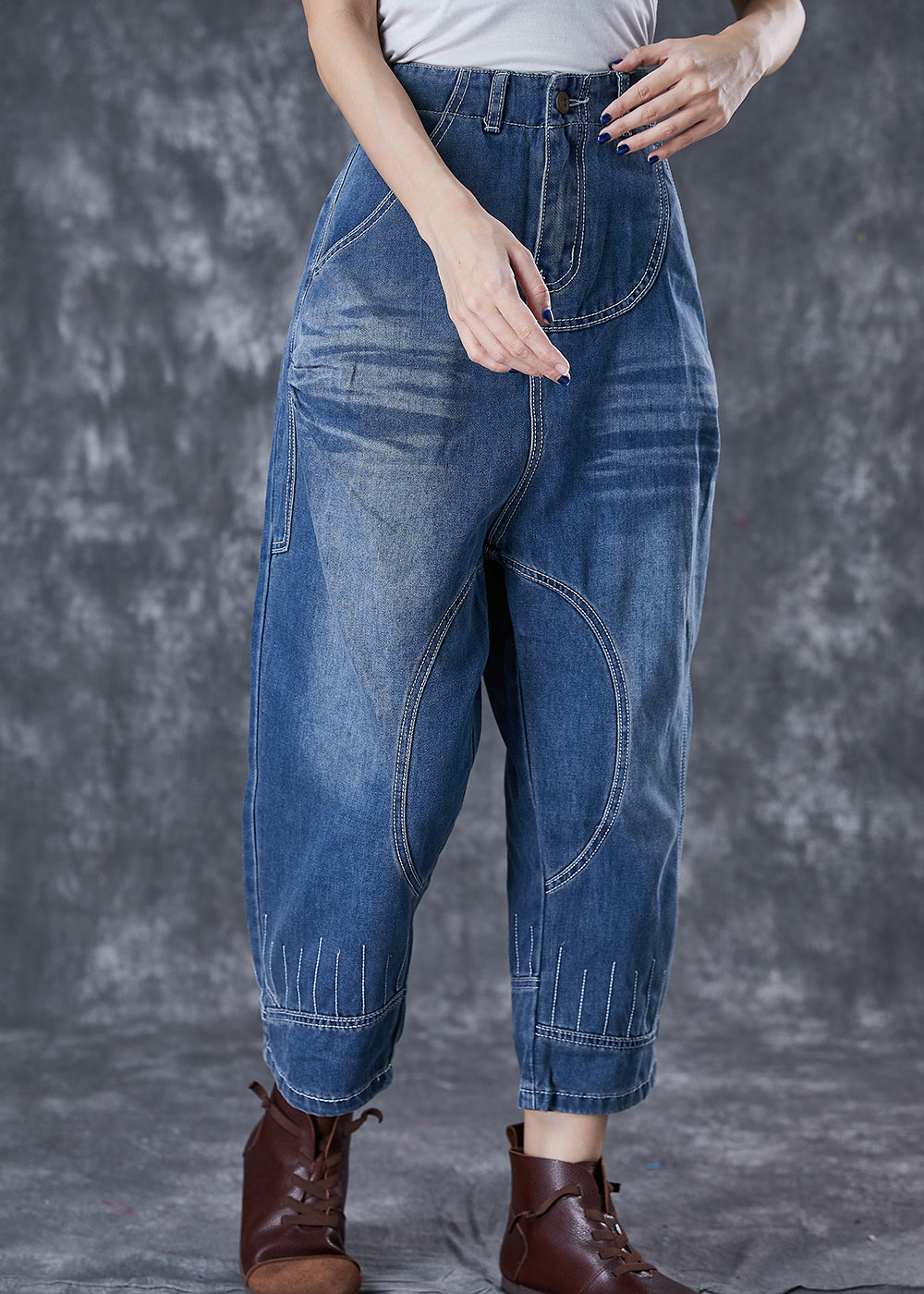 Modern Denim Blue Elastic Waist Pockets Cotton Harem Pants Fall Ada Fashion