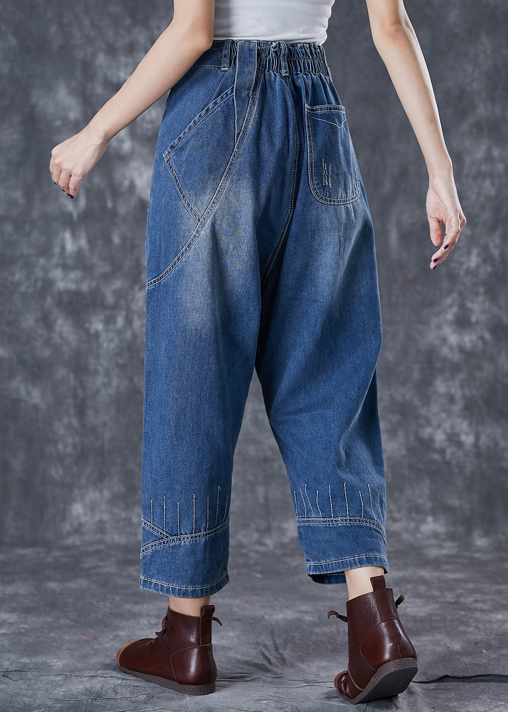 Modern Denim Blue Elastic Waist Pockets Cotton Harem Pants Fall Ada Fashion