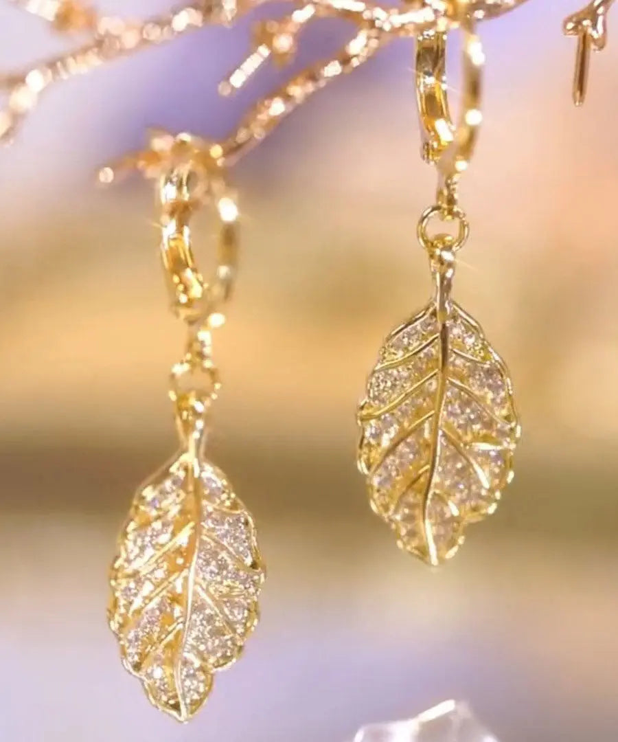 Modern Gold Copper Overgild Zircon Leaf Drop Earrings Ada Fashion