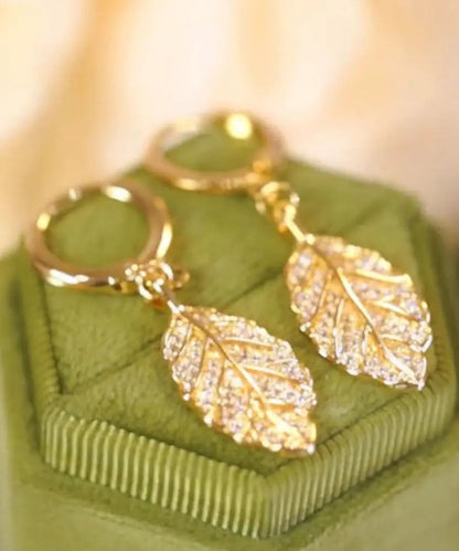 Modern Gold Copper Overgild Zircon Leaf Drop Earrings Ada Fashion