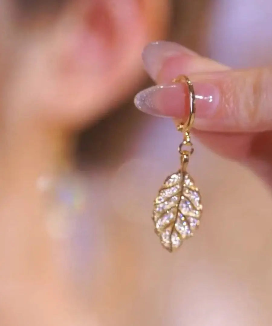 Modern Gold Copper Overgild Zircon Leaf Drop Earrings Ada Fashion