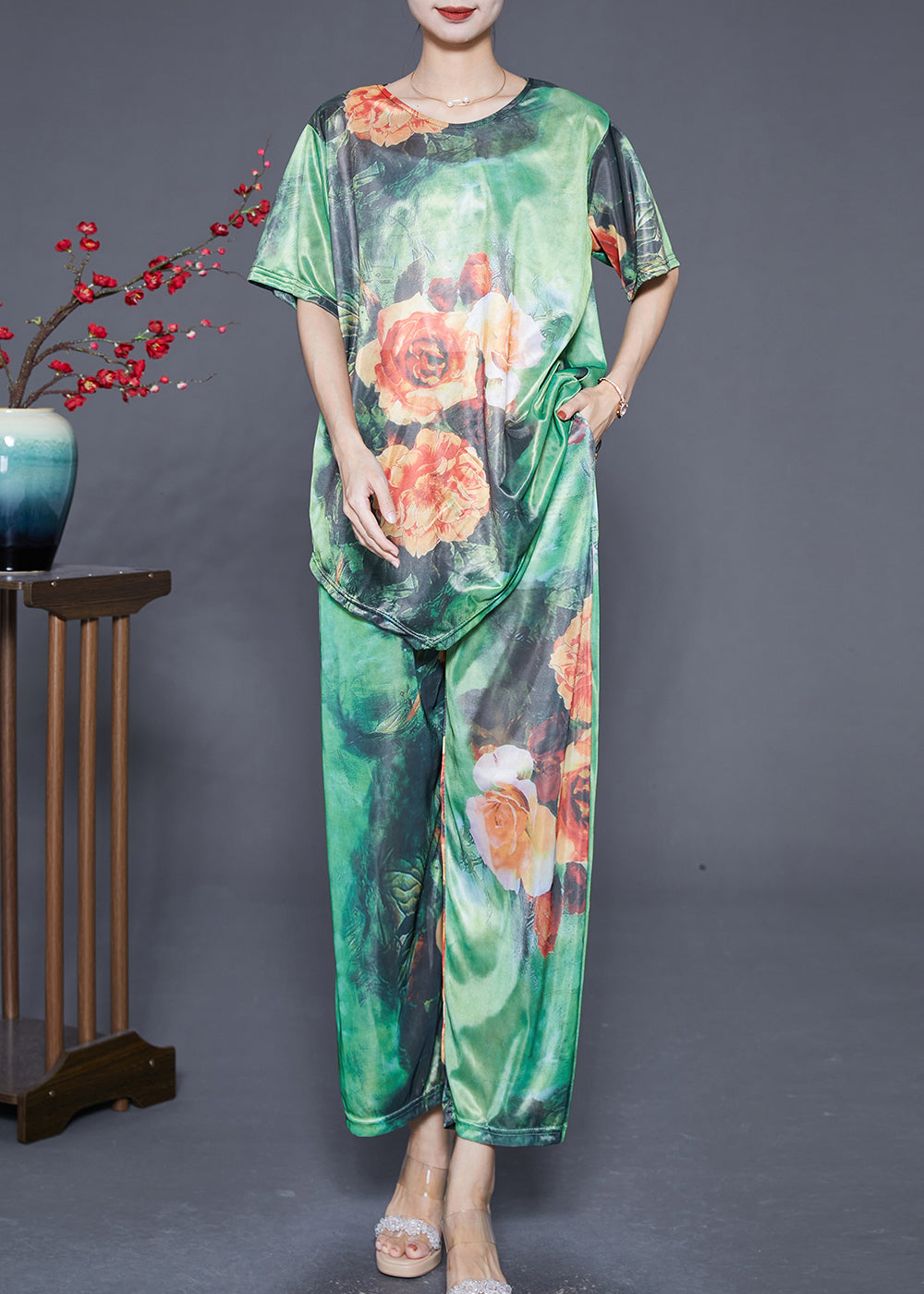 Modern Green Asymmetrical Floral Silk Women Sets 2 Pieces Summer Ada Fashion