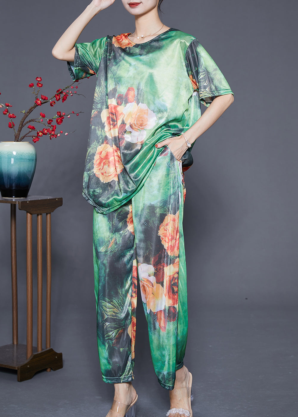 Modern Green Asymmetrical Floral Silk Women Sets 2 Pieces Summer Ada Fashion