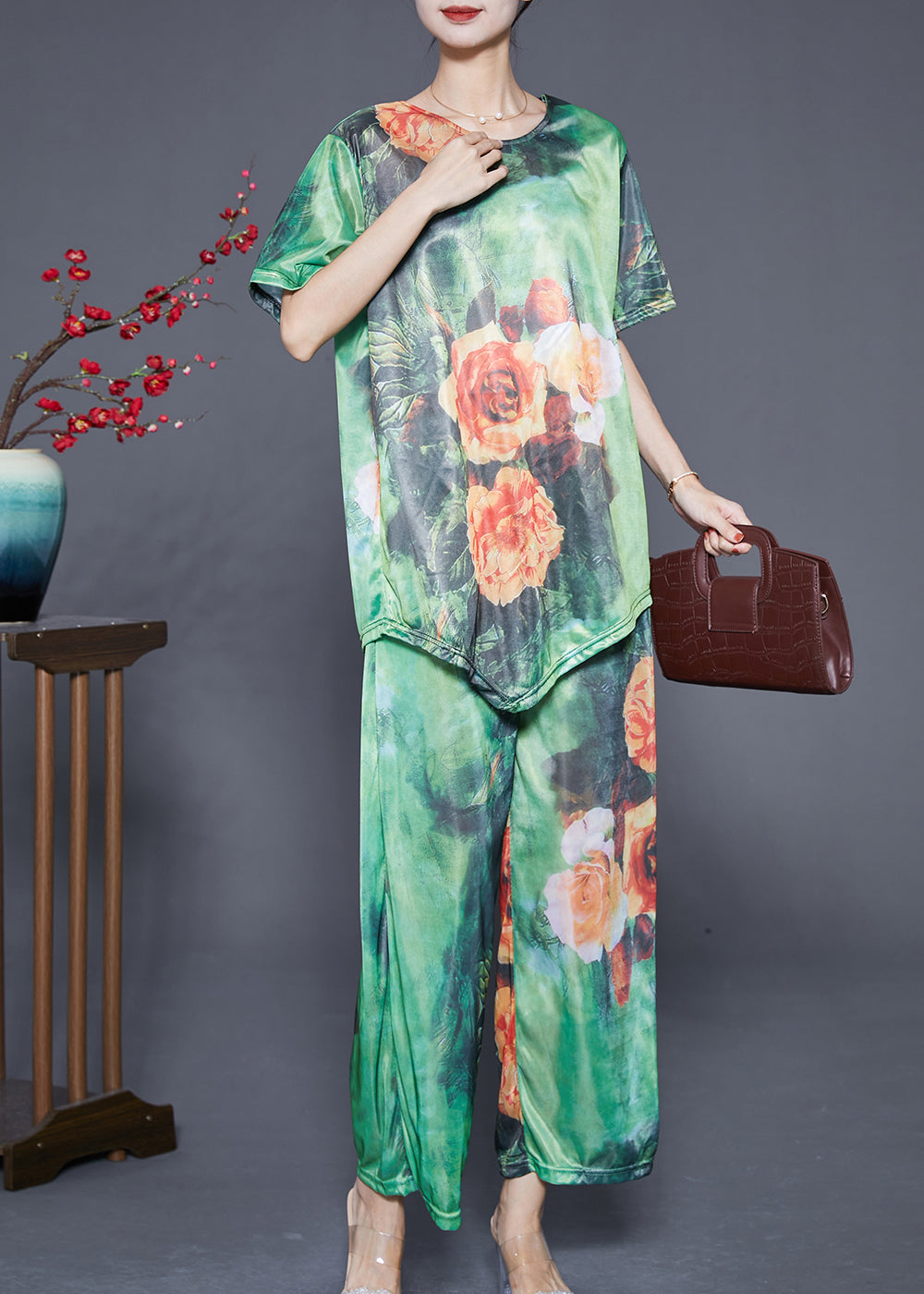 Modern Green Asymmetrical Floral Silk Women Sets 2 Pieces Summer Ada Fashion
