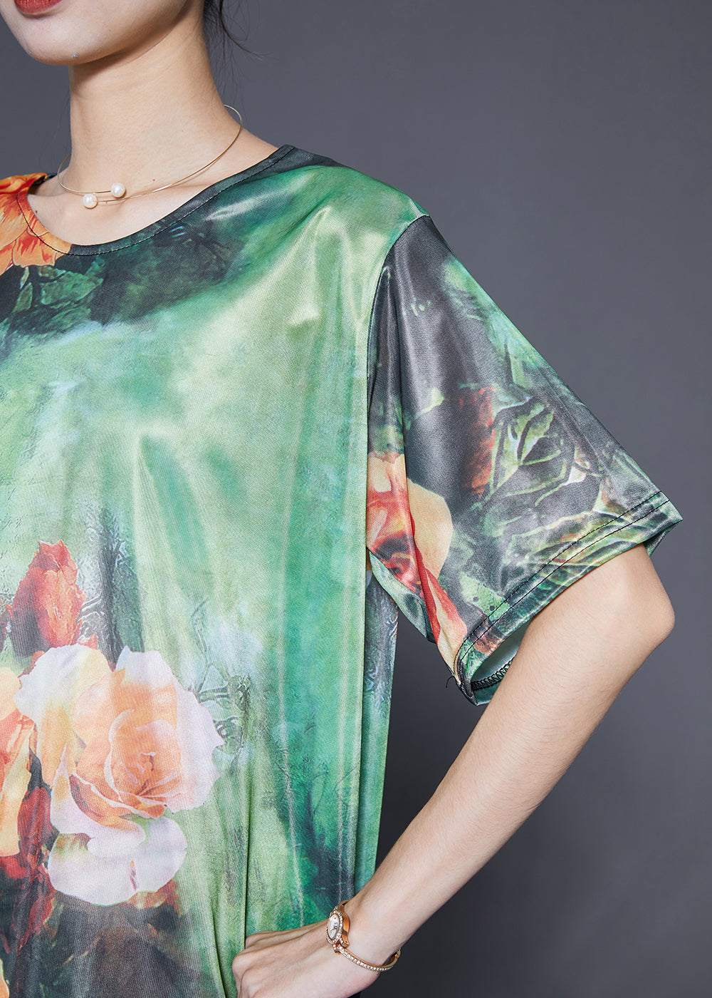 Modern Green Asymmetrical Floral Silk Women Sets 2 Pieces Summer Ada Fashion