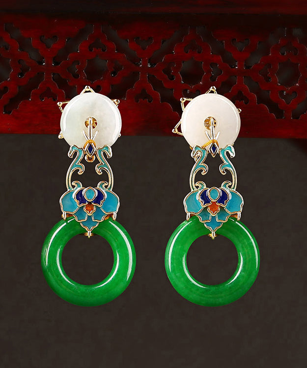 Modern Green Copper Cloisonne Jadeite Dry Green Floral Drop  Earrings LY2275 - fabuloryshop