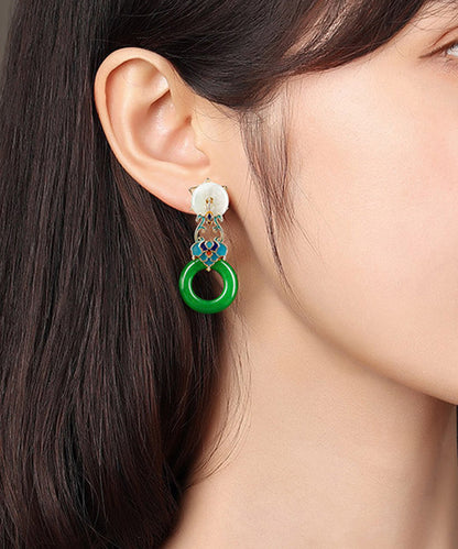 Modern Green Copper Cloisonne Jadeite Dry Green Floral Drop  Earrings LY2275 - fabuloryshop