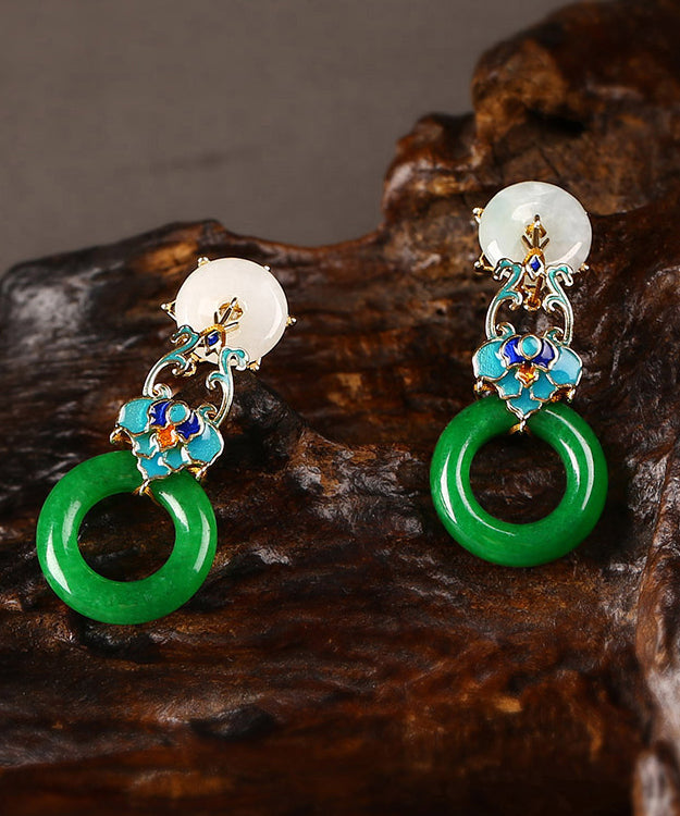 Modern Green Copper Cloisonne Jadeite Dry Green Floral Drop  Earrings LY2275